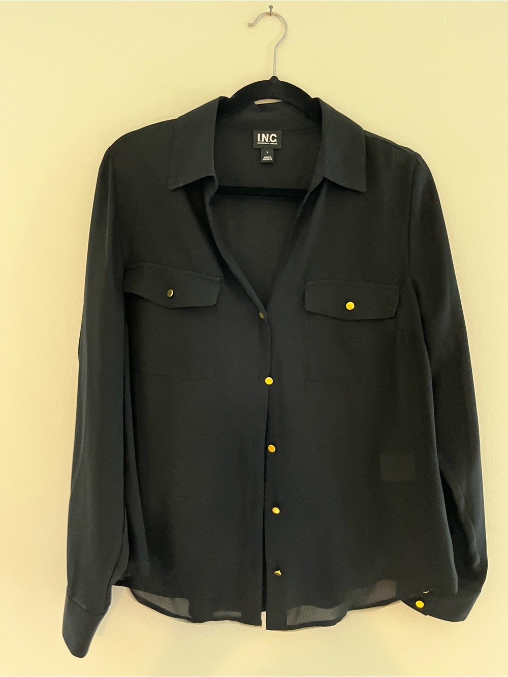 INC International Concepts Black Collared Blouse with V-Neck